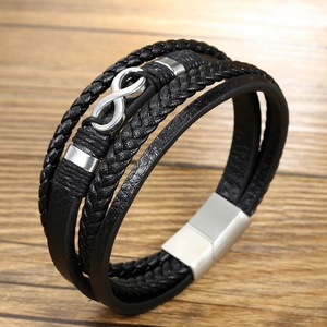 Heren Mode Meerlaagse Gevlochten Lederen Armband Met Oneindigheidssymbool Zilveren Metalen Magneetsluiting Vintage Stijlvolle Handsieraden Cadeau