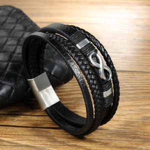 Heren meerlaagse zwart gevlochten lederen armband met infinity symbool en sluiting