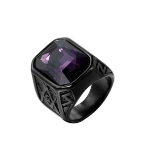 Anello punk retrò in acciaio inossidabile nero con una grande gemma viola rettangolare