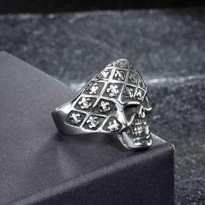 Vintage stainless steel skull ring for men with fleur-de-lis engraving in punk style