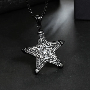 Dark punk style stainless steel double layer pentagram pendant necklace on black texture