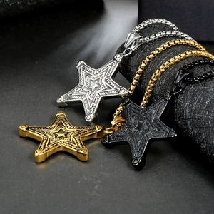 Industrial pentagram star necklaces in silver, gold, and black finishes for men