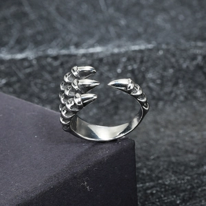 Adjustable gothic dragon claw open ring in antique silver finish for a punk look