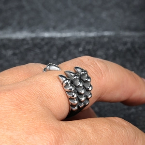 Macro shot of punk style silver dragon claw ring showing detailed scales and texture