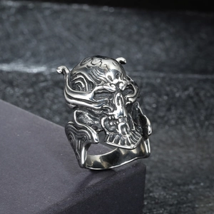 Bague tête de mort Pharaon punk rétro pour hommes en acier inoxydable vieilli