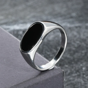Minimalist square stainless steel signet ring with black enamel inlay for men