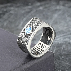 Bague vintage S925 en argent pour homme avec texture tressée et pierre bleue carrée