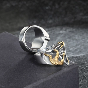 Gothic nautical stainless steel ring featuring golden octopus tentacles and eye relief