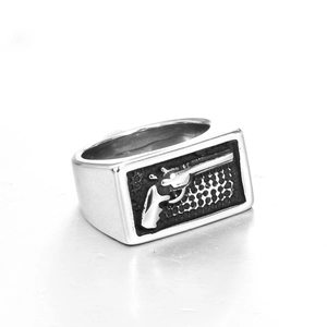 Vintage punk men's stainless steel signet ring with detailed 3D revolver pistol relief