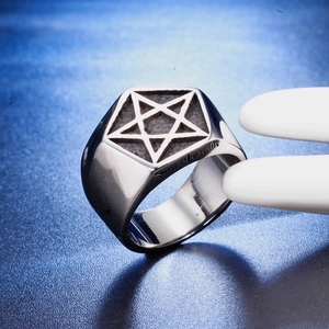 Vintage stainless steel pentagram signet ring with black sandblasted finish for men