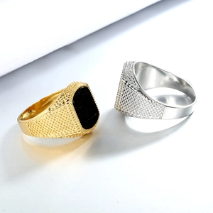 Mens vintage style stainless steel signet rings with black square stone in gold and silver