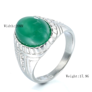 Detailed close-up of a 20mm wide stainless steel ring with a large green oval gemstone