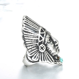 Anello vintage da uomo in acciaio inox con capo indiano e pietra turchese