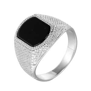 Men's Stainless Steel Signet Ring Vintage Punk Black Gemstone Square Inlaid Grid Texture Band Jewelry For Daily Casual