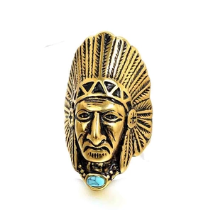 Anello in Acciaio Inossidabile Vintage con Testa di Capo Indiano per Uomo con Turchese Sintetico Tribale Etnico Copricapo di Piume