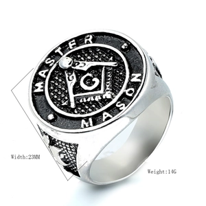 Silver stainless steel Master Mason ring with 23mm width and Freemasonry symbol