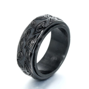 Stainless steel spinning ring with embossed eye pattern and black matte textured finish