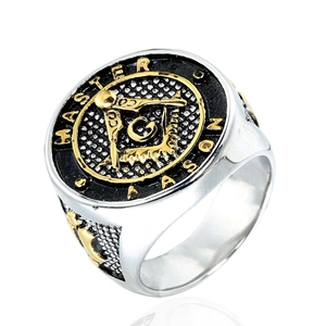 Men's two-tone stainless steel Freemasonry ring with Master Mason G logo on black background