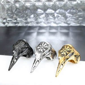 Three gothic raven skull rings with Viking runes in black, silver and gold finish