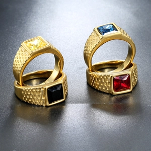 Men's stainless steel rings with square gemstones in gold finish and textured band