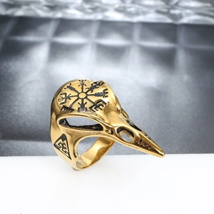 Viking raven skull ring with vegvisir compass and valknut symbols in gold finish steel