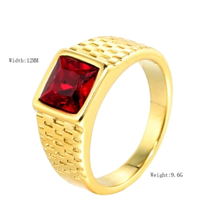 Men's wide gold stainless steel ring featuring square red gemstone and checkered texture