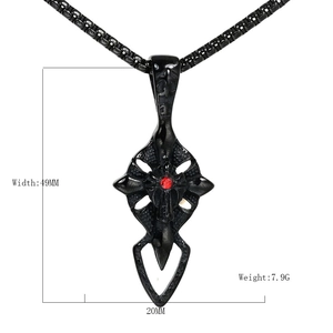 Gothic stainless steel wing cross pendant with red gem and black box chain jewelry