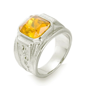 Bague vintage pour hommes en acier inoxydable avec grosse pierre jaune carrée et gravures