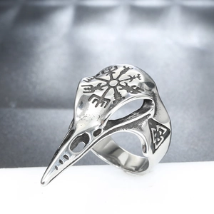 Detailed view of Viking raven skull ring with Vegvisir compass and Valknut symbols