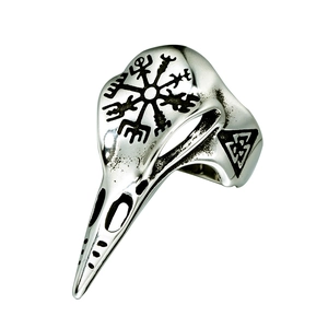 Retro Nordic Viking Raven Skull Ring For Men Women Stainless Steel Gothic Punk Crow Head Ring With Vegvisir Valknut Symbols