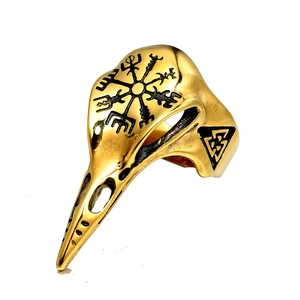 Retro punk gold raven skull ring in stainless steel with Viking compass and Valknut symbols
