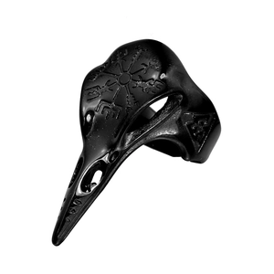 Vintage black stainless steel raven skull ring with Viking Vegvisir and Valknut symbols