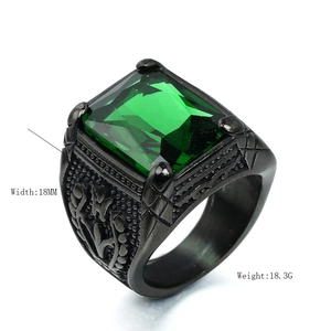 Detailed view of vintage men's square green gemstone ring with 18mm relief band