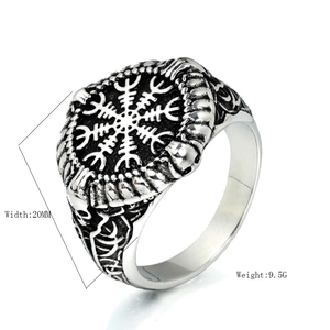 Nordic Viking Vegvisir compass ring in stainless steel with skull side carvings