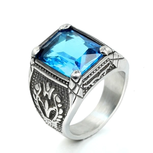 Vintage stainless steel ring with rectangle light blue gemstone and embossed floral design