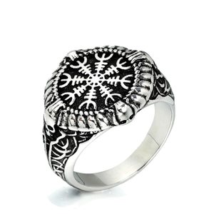 Vintage Viking Compass Skull Stainless Steel Ring Nordic Vegvisir Antique Silver Punk Rock Biker Band Ring For Men Women