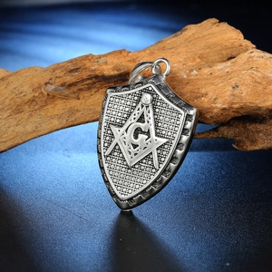 Vintage stainless steel Freemason shield pendant necklace with compass and G symbol
