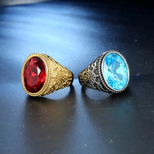 Vintage stainless steel wide band rings with ruby and aquamarine stones in engraved setting