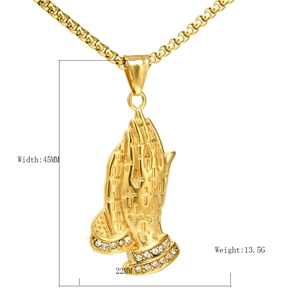 Golden praying hands necklace with cross patterns and cubic zirconia, 45mm pendant size