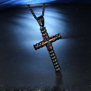 Men's punk style black stainless steel cross pendant necklace with red detail