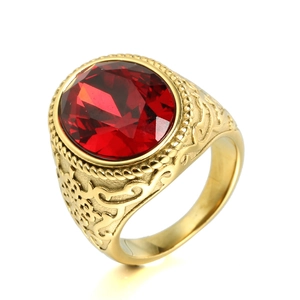 Vintage Stainless Steel Rhinestone Ring For Unisex Large Red Blue Stone Embossed Pattern Statement Finger Ring Jewelry Gift