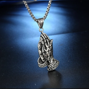 Vintage stainless steel praying hands pendant necklace with cross patterns and zircon