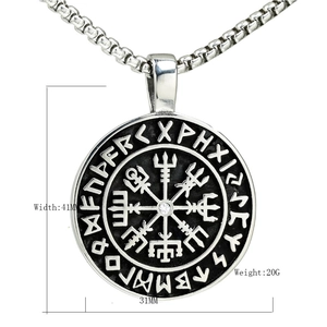 Vintage stainless steel Viking Vegvisir compass pendant with runes on a box chain
