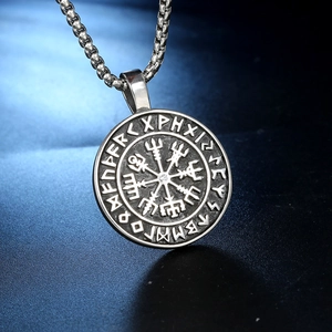Vintage Viking Vegvisir compass pendant necklace in stainless steel with runic symbols