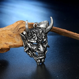 Vintage stainless steel Oni mask pendant with horned skull design in antique silver finish