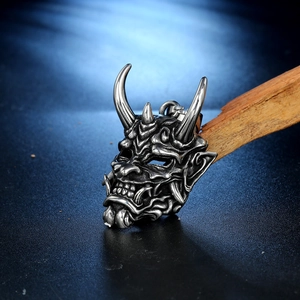 Retro stainless steel demon mask pendant with antique silver finish and intricate details