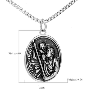 Collier médaille Saint Christophe argenté vintage avec relief ovale 40mm et chaîne