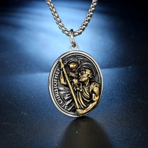 Collier de guerrier spartiate vintage avec relief Saint-Christophe bicolore et chaîne box