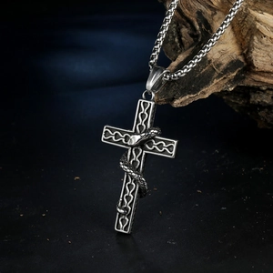 Gothic stainless steel snake wrapped around a cross pendant with square box chain necklace