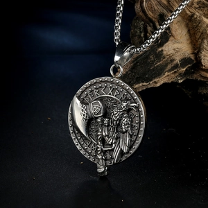 Collar de medallón vikingo con hacha y cuervo con cadena de caja para hombres